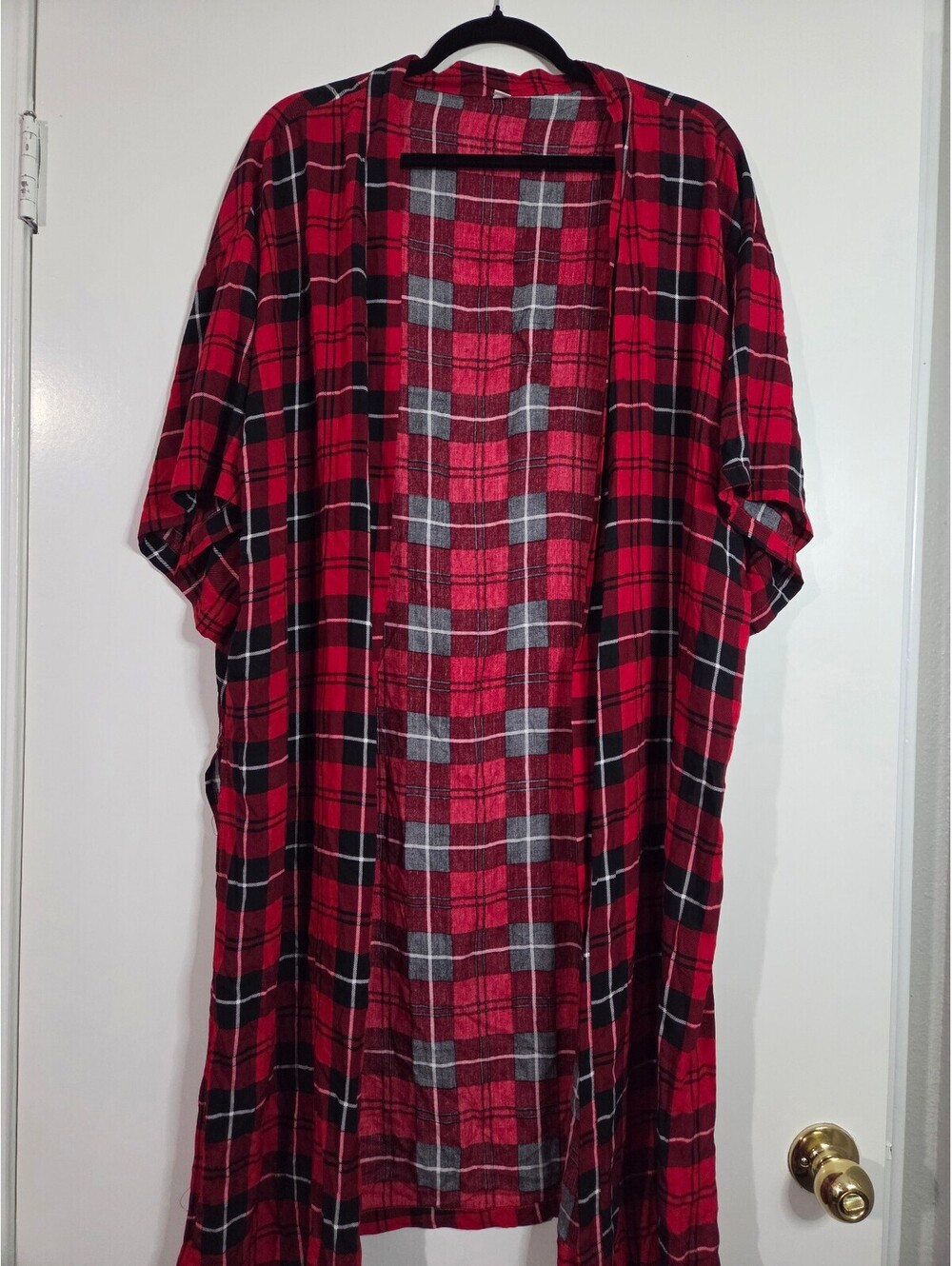 Red Plaid Cardigan Kimono Robe with Slits on Sides One Size